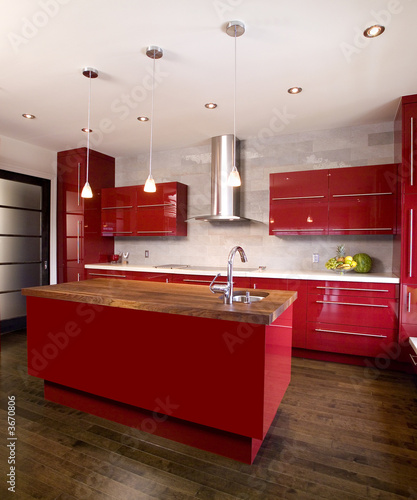 Red modern kitchen with island
