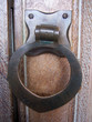 A metal door knocker on a wooden door A metal door knocker on a wooden door