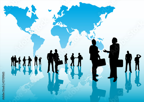 Illustration: Team concept with a world map and group of people Team concept with a world map and group of people