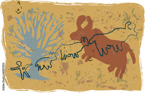 Primitive, rock-art style vector illustration of ox hunt. Primitive, rock-art style vector illustration of ox hunt.