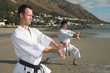 Young adult men with black belt practicing a Kata 