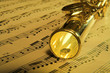 Gold Flute and notes. Classic music concert concept