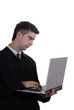 man working with computer in a white background