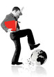 A businessman stamping on the world.