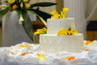 Elegant wedding cake with tea candles and rose petals