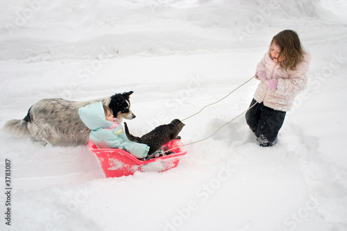 Photo: a big sister pulling her little sister in a sled a big sister pulling her little sister in a sled