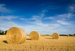 Straw bales on farmland with blue cloudy sky Straw bales on farmland with blue cloudy sky