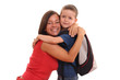 five years old boy and his mother with backpack isolated
