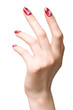 Woman hand with red decorated nails. Isolated on white.