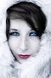 Black and white winter portrait with bright lips and eyes