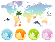 Rainbow map earth with dolphin, palm tree and globe, vector