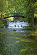 wooden bring over small waterfall