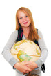 school girl with backpack and globe isolated on white background