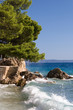 Rocky beach with stairs and waves