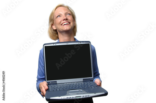 Businesswoman with laptop laughing