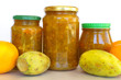 Jars of jam made from opuntia fruits and oranges