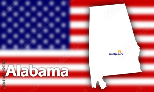 Alabama state contour with Capital City against blurred USA flag Alabama state contour with Capital City against blurred USA flag