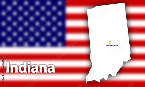 Indiana state contour with Capital City against blurred USA flag Indiana state contour with Capital City against blurred USA flag