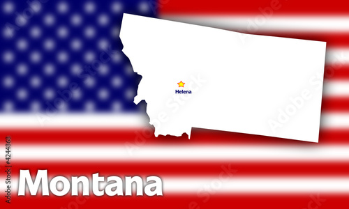 Montana state contour with Capital City against blurred USA flag