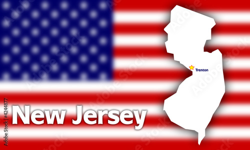 New Jersey state contour against blurred USA flag