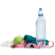 Dumbells, apple and measuring tape