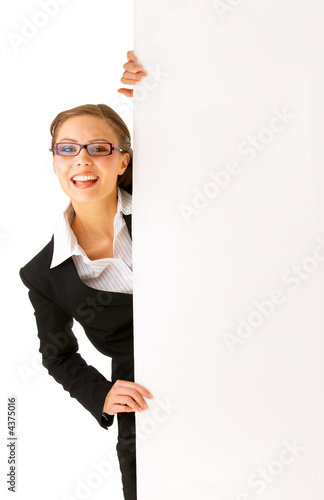 Businesswoman holding a billboard