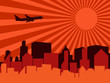 city, aeroplane and sun
