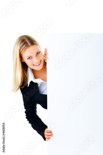 Businesswoman holding a billboard