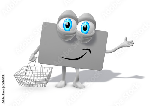Illustration: Loyalty card as 3d mascot with cart, blue eyes, legs and arms sm Loyalty card as 3d mascot with cart, blue eyes, legs and arms sm