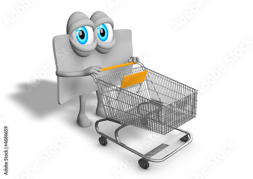 Loyalty card as 3d mascot pushing caddy cart Loyalty card as 3d mascot pushing caddy cart