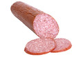 Hard salami and two slices isolated on white background Hard salami and two slices isolated on white background