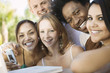 Group of friends at back yard table using laptop and cell phone, portrait, close up