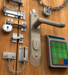 Security Concept. Many lock in only one door. 