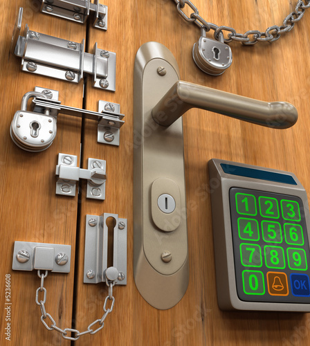 Illustration : Security Concept. Many lock in only one door. Security Concept. Many lock in only one door.