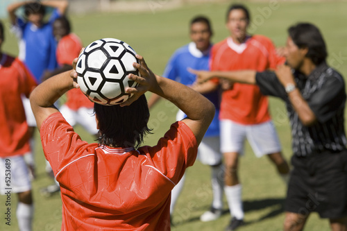 Photo: Soccer player throwing in ball, back view Soccer player throwing in ball, back view