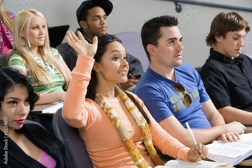 Photo: student raising hand during class lecture student raising hand during class lecture