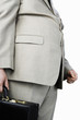 Overweight Man carrying briefcase, mid section, side view