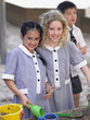 Two school girls playing in playground, portrait