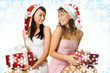 beauty christmas girls in red hat with box gift