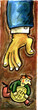 Small businessman with big gold coin running away from big hand
