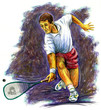 Squash player in motion, while hitting the ball with racket Squash player in motion, while hitting the ball with racket