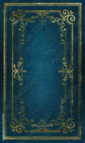 Photo: Old blue leather texture with gold decorative frame Old blue leather texture with gold decorative frame