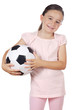 young cute girl holding a soccer ball over white background