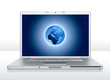 computer laptop with screen shows globe