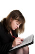 woman's hand, pen and document isolated on the white background