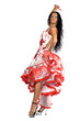 beautiful woman with long black hair wearing stage vivid dress