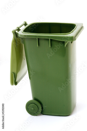 Green open recycle bin for garbage collection over white © Olga D ...