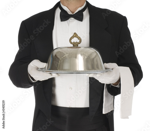 Foto: Waiter torso holding a silver tray Waiter torso holding a silver tray