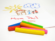 Oil crayons and children's drawing on background