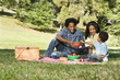 Smiling happy parents and son having picnic in park. Smiling happy parents and son having picnic in park.